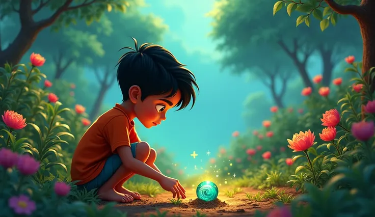 One day, while Monu was playing in his garden, he noticed a sparkling stone hidden under the soil. Monu cleaned the stone and saw that it looked like a small magical gem. As soon as Monu touched the stone, it glowed with a brilliant light and Monu found hi...