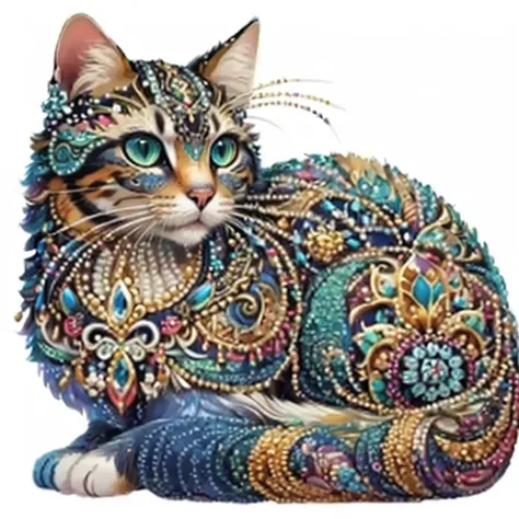 A cat with a colorful design on its body., Detailed cat, detailed beautiful animals, elegant cat, full of colors and rich details, cat seahorse shapeshifter, intricate Very detailed, feline, showy!! Very detailed, !!Very detailed, very very Very detailed, ...