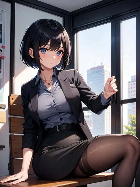 masterpiece, best quality, high definition images, atmospheric perspective, expressive eyes, perfect face, ultra detailed, solo, 1mature seductive woman alluring, sitting on chair, black short bob hair,  female teacher, business suit, jacket, blouse, penci...