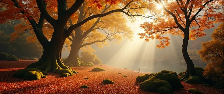 best quality,Super detailed,actual,landscape,autumn,beautiful warm tones,sunlight streaming through the woods,vibrant leaves,peaceful atmosphere,fresh air,subtle mist,fallen leaves covering the ground,Sunlight shines through the tree canopy,dappled light,Q...