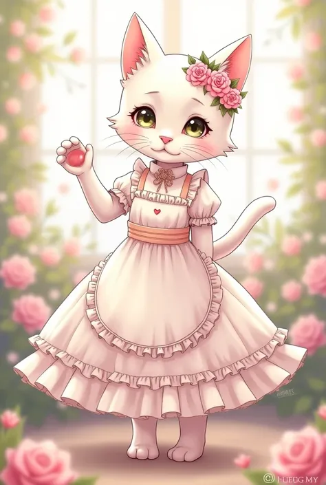 anime manga illustration style, very cute slender white female cat, pink flowers on her ears, standing and waving, grey heart mark on her belly, lace apron from the waist down, grey tail, fluffy effect in pastel colors, glitter effect