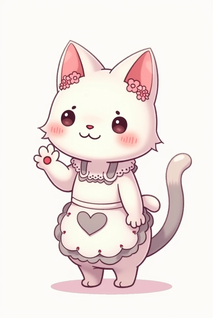 anime manga illustration style, very cute slender white female cat, pink flowers on her ears, standing and waving, grey heart mark on her belly, lace apron from the waist down, grey tail, fluffy effect in pastel colors, glitter effect