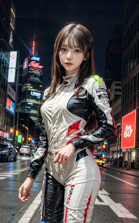 In the neon-lit streets of a futuristic city、A woman standing in front of a racing car。she、Wearing a futuristic racing suit、Posing with a helmet in hand。In the background、The lights from the skyscrapers and racing car headlights create a dazzling trail of ...