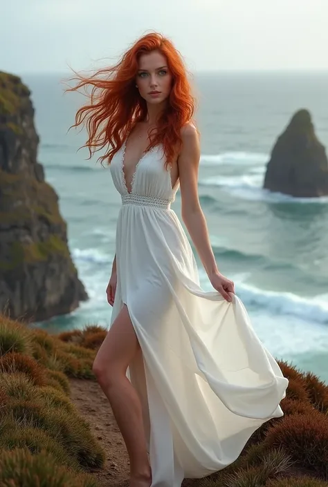 Sur une falaise sauvage dIrlande, une femme rousse sexy se tient face au vent, incarnant la beauté et la force brute de la nature. Ses cheveux roux, ondulés, flottent librement dans la brise marine, captant la lumière douce du soleil irlandais et contrasta...