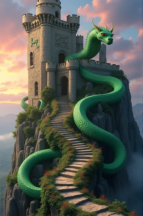 A large snake wrapped around the castle.