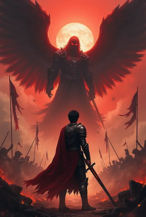 create a book cover with the title "aramor : the dark angel" with a picture of a terrifying black angel and many wars behind him, there is also a young hero who fights him