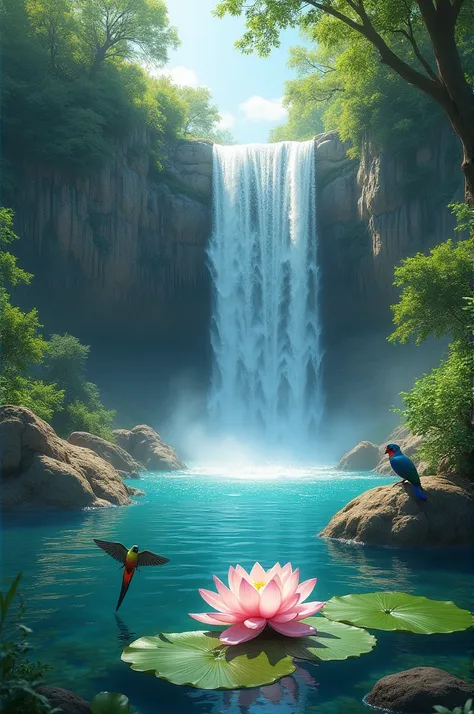 A beautiful waterfall.  A beautiful lotus blossomed in the water below, some beautiful birds perched beside it