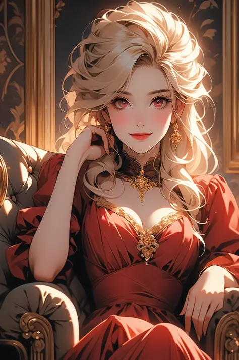 1girl, golden hair, resting in a chair, vampire, opulent dress, red eyes, smiling, victorian style room, portrait, wine glass