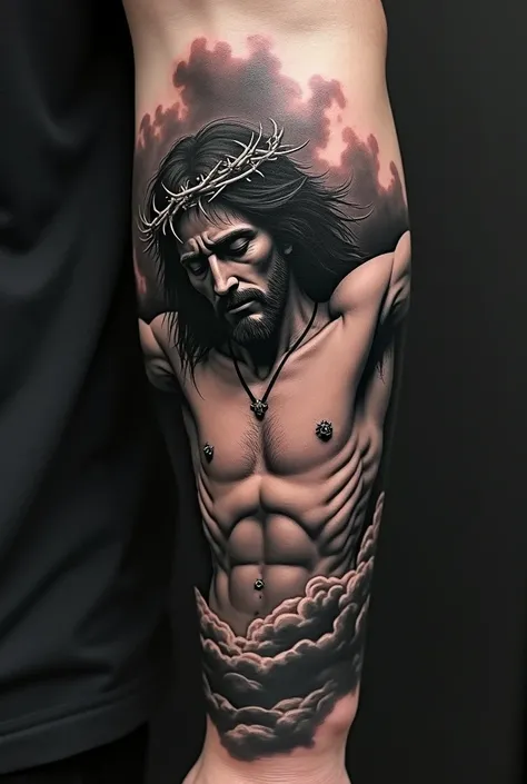 black and grey tattoo of Jesus before being crucified 
