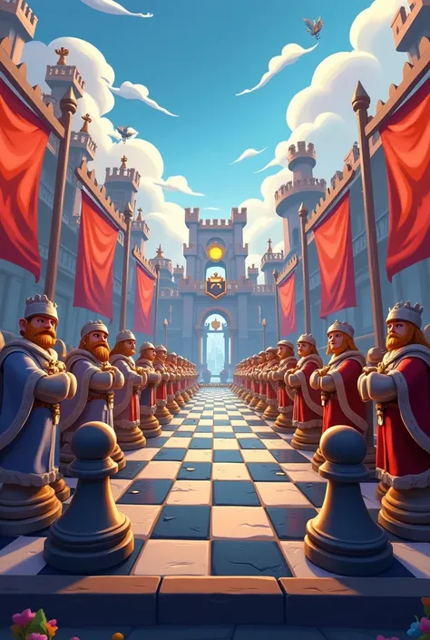 Chessboard seen from above but in the clash royale theme (Clash Royale characters will embody the chess pieces)