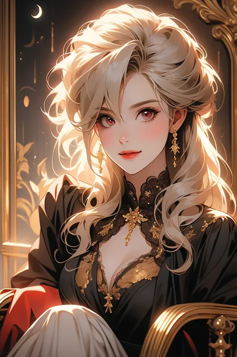 1girl, golden hair, resting in a chair, vampire, opulent dress, red eyes, smiling, victorian style room, portrait, moon