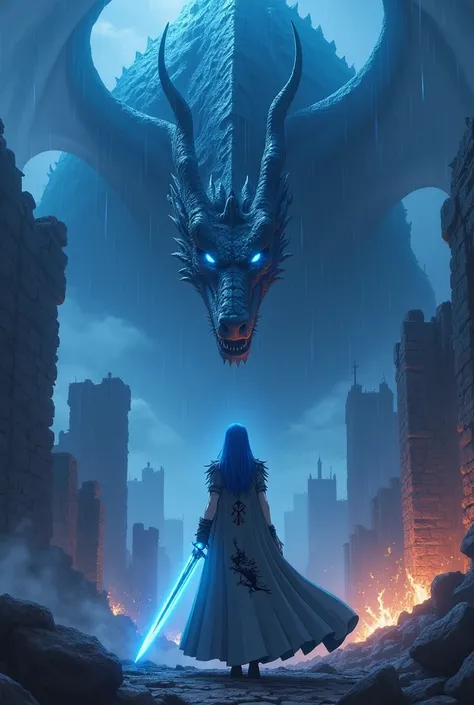 anime cinematic dark lighting ,blue dragon, medieval era landscape inside destroyed castle walls ,enemy invasion high walls ,smoke filled castles,,knight fighting a dragon,light of blue fire,dark night ,rainy weather,fire, masterpiece, (blue eyes: 1.5), (l...