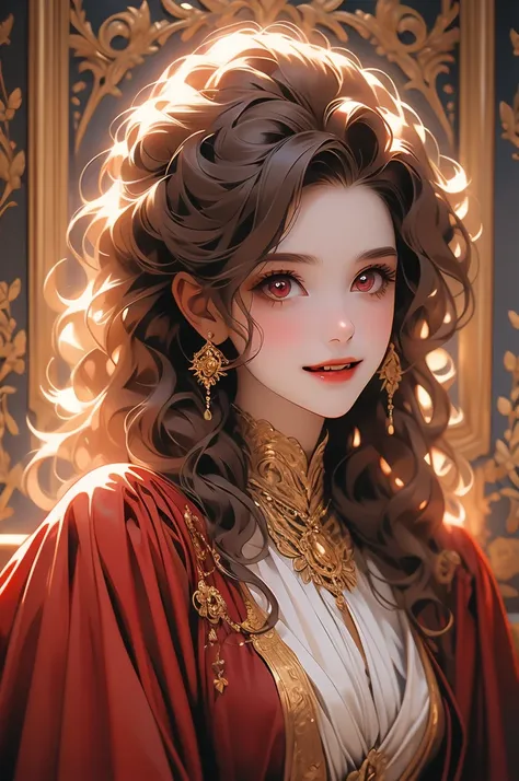 1girl, golden curly hair, kneeling, bowing, vampire, opulent dress, red eyes, smiling, victorian style room, portrait