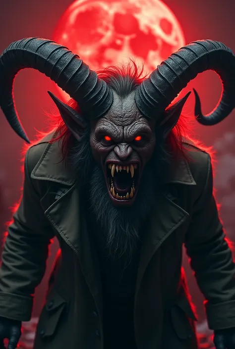 Close up, Krampus,Christmas,darker,4K,Evil, creepy monster in an infernal scenario, close up, dark ominous atmosphere, ultra detailed, photorealistic, cinematic.Old man, brunette hairs, full body, extremely detailed face,4k, masterpiece, trenchcoat, ((demo...