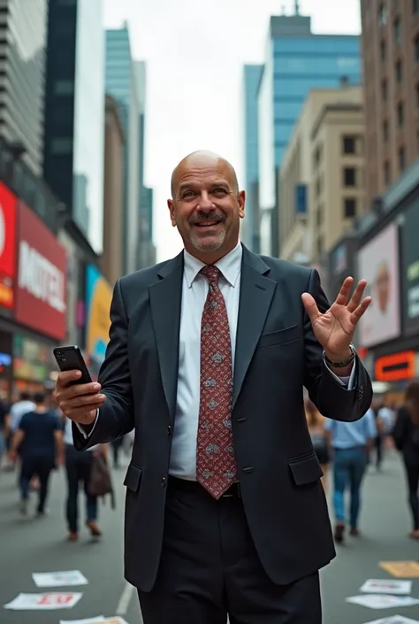 A middle-aged man with a half-bald head and an exaggerated, smug grin, resembling a mix between Borat and Stromberg. He wears an ill-fitting, crumpled business suit and a poorly knotted tie. His facial expression is a bizarre blend of over-the-top self-imp...