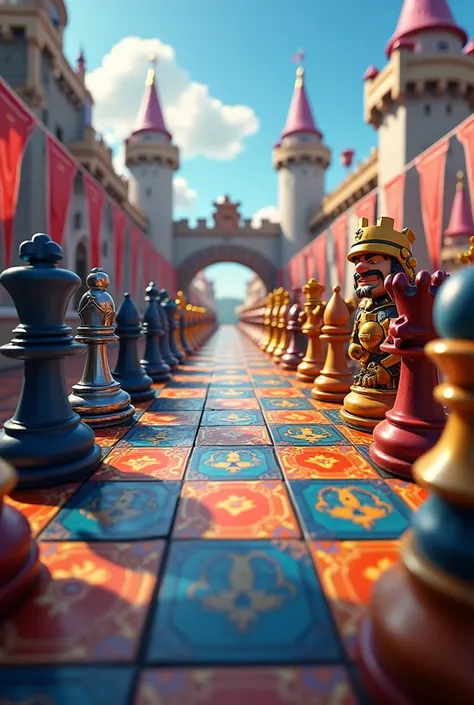 Chessboard seen from above but in the clash royale theme (Clash Royale characters will embody the chess pieces). I want to be able to see the chessboard and all the pieces on it(The pieces are the characters here)