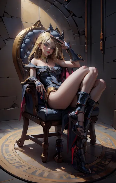 Dark cyberpunk girl She wears red heels, has earrings. Wear necklaces.  Long blonde hair. blue eyes. Red lips. Sensual and subjective pose. She is sitting on a golden throne.