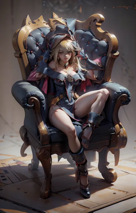 Dark cyberpunk girl She wears red heels, has earrings. Wear necklaces.  Long blonde hair. blue eyes. Red lips. Sensual and subjective pose. She is sitting on a golden throne.