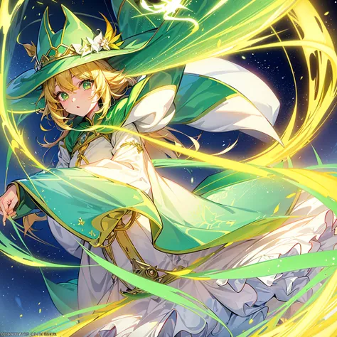 1girl、Dynamic composition、Yellow-green laser、(((Best Quality、Masterpiece、Official Art、Anime Style、The best dynamic composition、超detailed)))、Shine Muscat personification，Yellow-green hunting hat and coat，Light soft color coat and hat，Super huge、detailed、who...