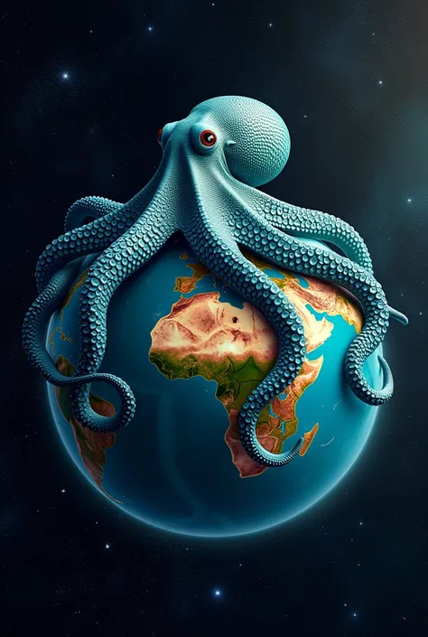 A giant octopus sitting on top of planet Earth, no artico, with the background universe