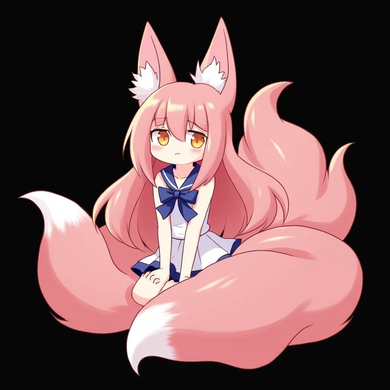 One person, High resolution, Deformation,Hair that looks like ears, Pink Hair,nine tailed fox,Anthropomorphic Icon Style, Black Background