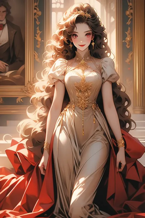 1girl, golden curly hair, kneeling before user, vampire, opulent dress, red eyes, smiling, victorian style room