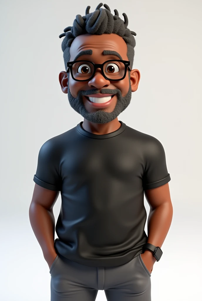 Create a full-body stylized 3D cartoon character of a middle-aged black man, designed with the following detailed specifications: 1. Estilo de Renderização Estilo: The character should be rendered in a Pixar-like or 3D Cartoon style, resembling high-qualit...