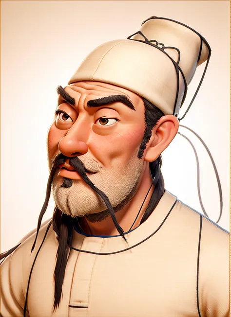 HD, (The finest details), (best quality), Disney, Li Bai，Ancient Chinese poet，1boy，Male focus，solo，Facial hair，hat，traditional media，Black Hair，Moustache，beard，Black headdress，Japanese Clothing，Upper body