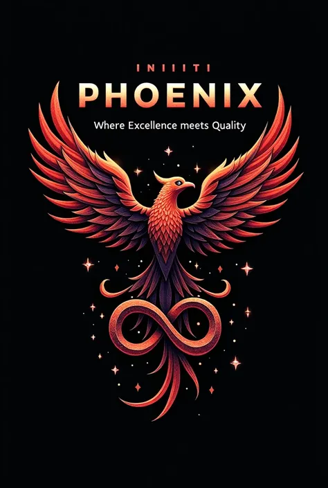  Phoenix bird + infinity symbol logo in red and black combo, merge phoenix bird and infinity symbol, include only 9 stars one around the bird ,  and include the name  PHOENIX in capitals and in modern font and INFINITI in smaller font than Phoenix, place i...