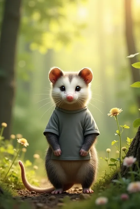 a opossum standing up wearing a gray t-shirt