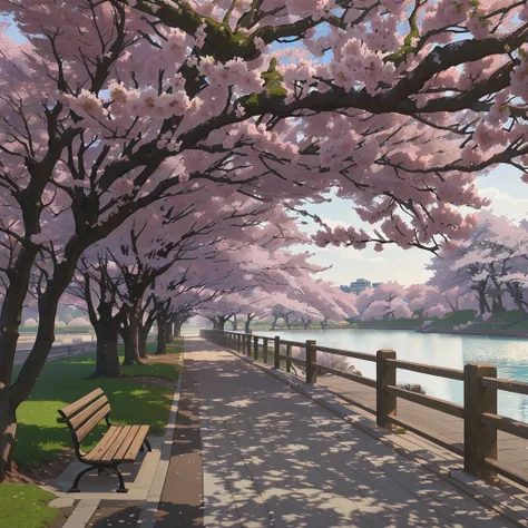 A bench stands under the tree, cherry blossom trees, Sakura trees, cherry blossom forest, beautiful anime scenery, anime beautiful world scene, lush Sakura trees, cherry blossoms, cherry trees, Cherry blossom season, beautiful anime scene, Cherry blossom s...