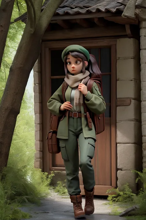 "Create a 3D Pixar-style image of a woman named Dr. Clara Müller, a historian and expert in local cultures, exploring an abandoned village in Germanys Black Forest.

- **Appearance:**
  - **Age:** A young adult (in her twenties or early thirties).
  - **Fa...