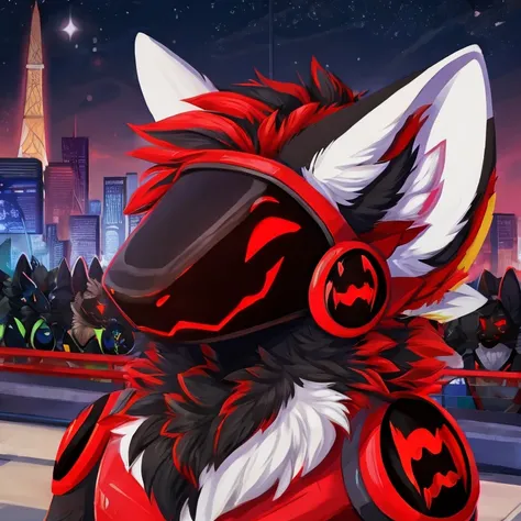 Protogen with red and black fur, eyes color red, protogen face 1:1, protogen expression happy to audience, background modern city,