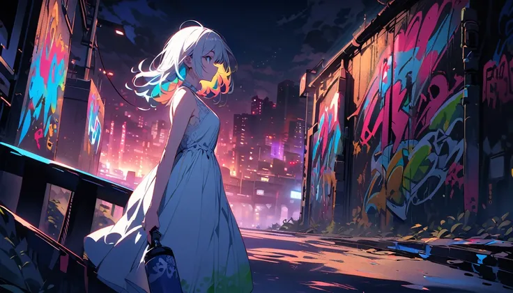 HD 8K Handsome sexy, Solitary, 1 female, Medium Length Hair, white hair, Rainbow hair, blue Eyes panoramic, in the night, looking away, outdoor, white dress, White clouds, graffiti Popularity spray art wall panoramic, vibrant, cityscape, Tokyo night sad,