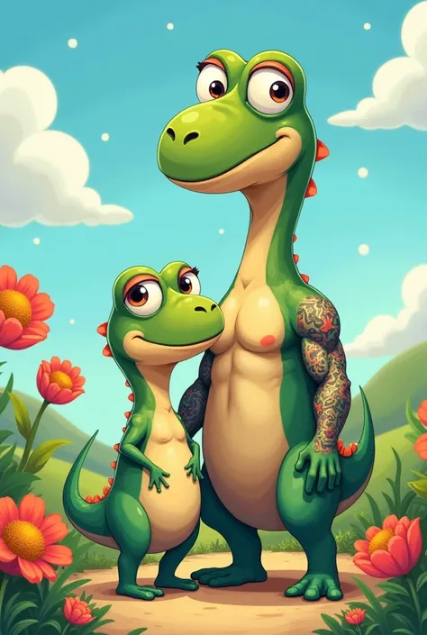 Make a sauropod with a frog spiece both mixture make it more cuter and smiling and make it like a cartoon make the body green and blue make a mascular man with tattoos holding it