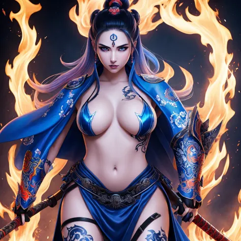 High quality 4K artwork ,Ultra Sexy Woman ,Flaming skull-faced samurai with blue flames,kimono branco 