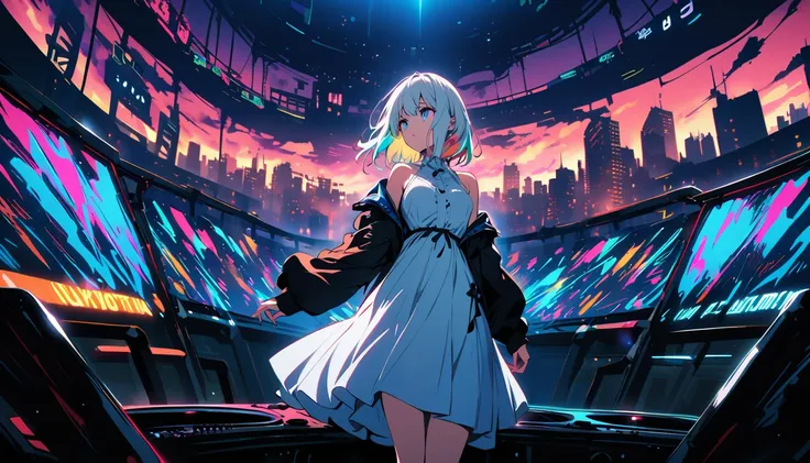 HD 8K Handsome sexy, Solitary, 1 female, Medium Length Hair, white hair, Rainbow hair, blue Eyes panoramic, in the night, looking away, outdoor, white dress, White clouds, graffiti Popularity spray art wall panoramic, vibrant, cityscape, Tokyo night sad,--...