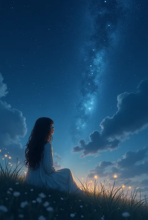 Beautiful girl with wavy long hair sitting somewhere and staring at the sky full of stars at night time