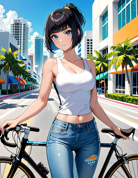 (masterpiece), (Highest quality), (High resolution), One person, bicycleメッセンジャー, Miami city background, (Jet Black Hair, short hair, Bob Hair, bangs, ponytail), Bright Blue Eyes, Beautiful attention to detail, Beautifully detailed face, Cute Face, Perfect ...