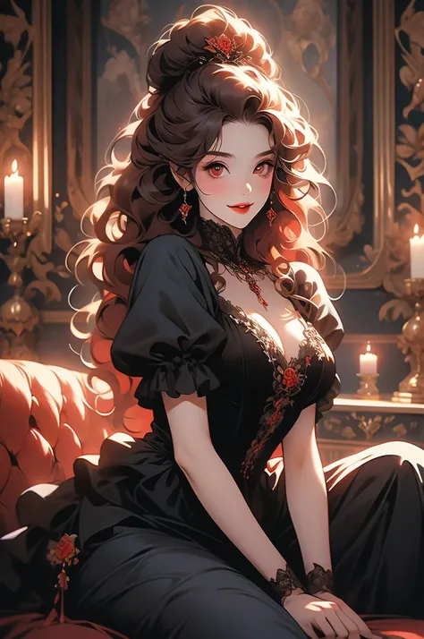 1girl, red curly hair, kneeling before user, vampire, opulent dress, red eyes, smiling, victorian style room