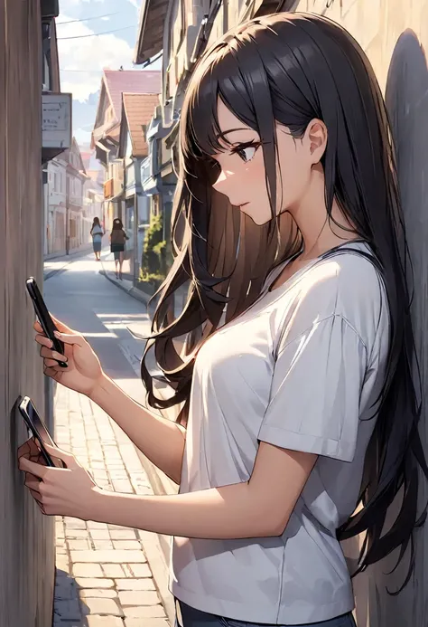 Meeting,woman,Casual clothing,Black Hair,Long Hair,cool,Touching a smartphone,Looking at smartphone,Town,Leaning against the wall,