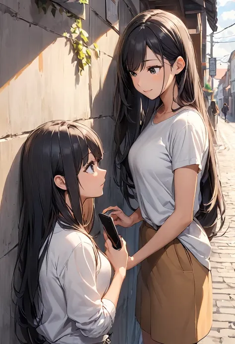 Meeting,woman,Casual clothing,Black Hair,Long Hair,cool,Touching a smartphone,Looking at smartphone,Town,Leaning against the wall,