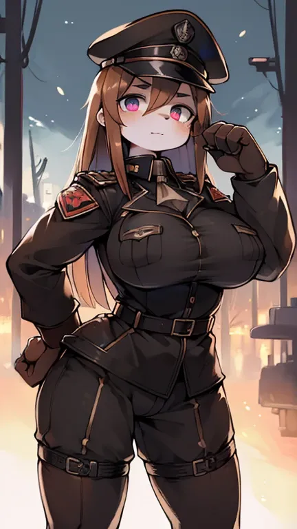 beautiful ((Similar)) confiable posing in (dynamic pose) as a diesel punk army officer from World War II, Black leather uniform with neckline and leather military hat, referenced photo, of the highest quality, high quality, (detailed face and eyes.), Dusk ...