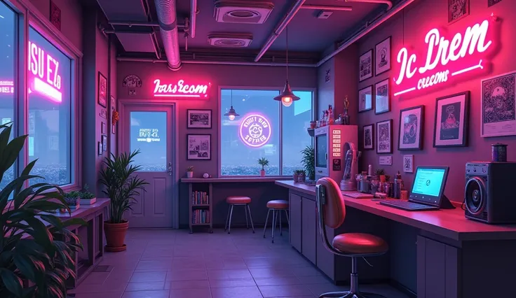 Anime Style、A room with records、cyber punk、Neon in the shape of soft serve ice cream