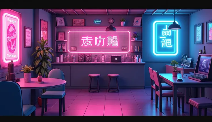 Anime Style、A room with records、cyber punk、Neon in the shape of soft serve ice cream