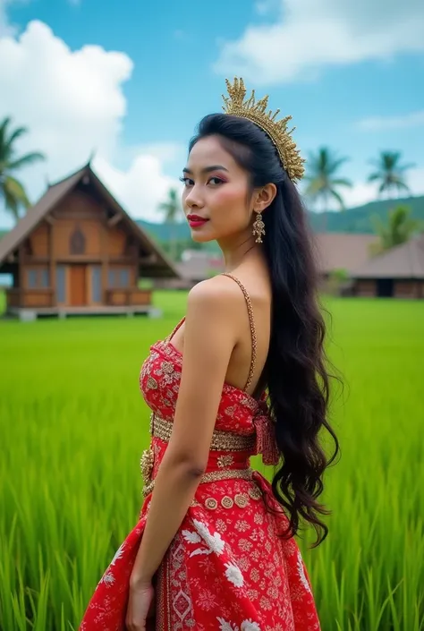 a beautiful woman wearing traditional  Sulawesi clothes, red and white with an Indonesian background