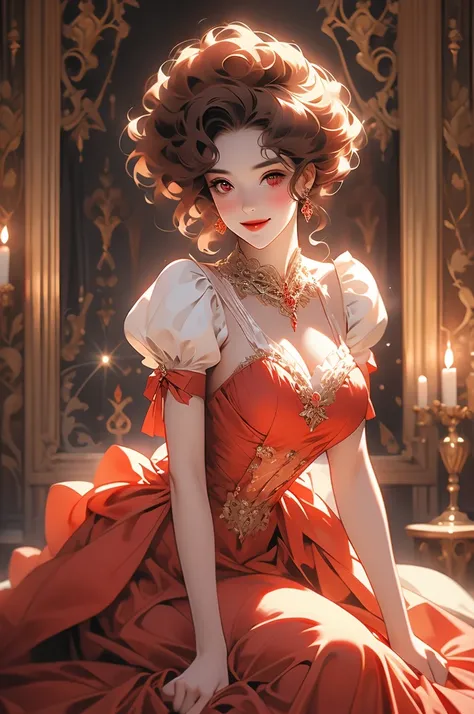 1girl, red curly hair, kneeling before user, vampire, opulent dress, red eyes, smiling, victorian style room