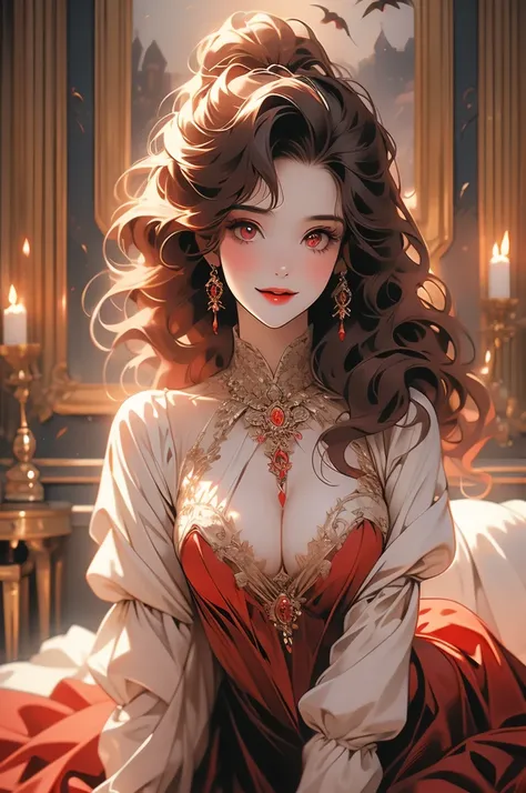 1girl, red curly hair, kneeling before user, vampire, opulent dress, red eyes, smiling, victorian style room