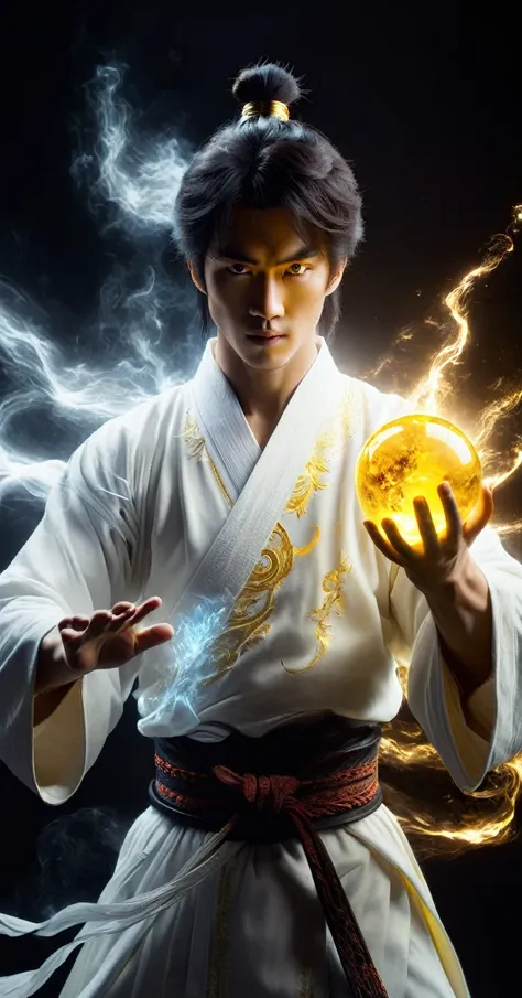 wabstyle martial arts style, a man in a white robe、extremely handsome young man using magical powers, holding a glowing yellow m...