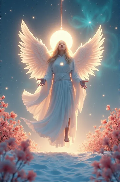 (photorealism:1.2), burning bright light silhouette, wearing white toga, with angel halo and wings, with third eye on the forehead, in the snow, psychedelic sky, flower in background, levitating, realistic, intricate details, bright colors.
